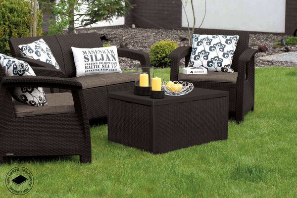 Allibert Corfu Box Kerti bútor garnitúra, 2 fotel, kanapé, asztal, polyrattan, barna