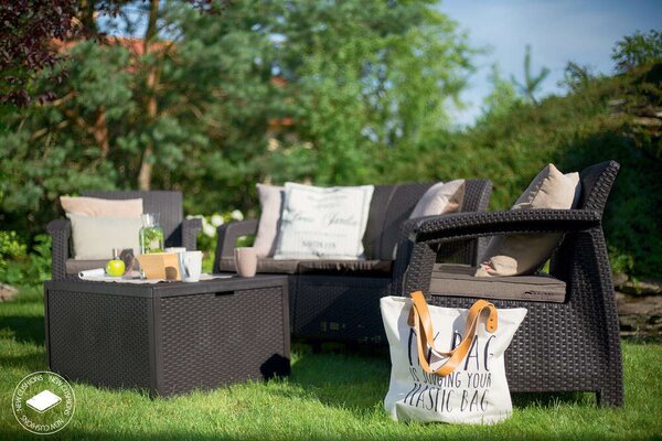 Allibert Corfu Box Kerti bútor garnitúra, 2 fotel, kanapé, asztal, polyrattan, barna