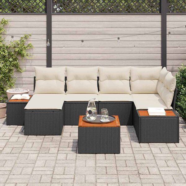 Kerti Kanapé Szett párnával 7 pcs Fekete és Krém Polyrattan