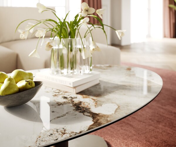 DELIFE Dohányzóasztal Edge ovális 140x80 cm kerámia Minas Melange Vibany fém titán színű effektfinish