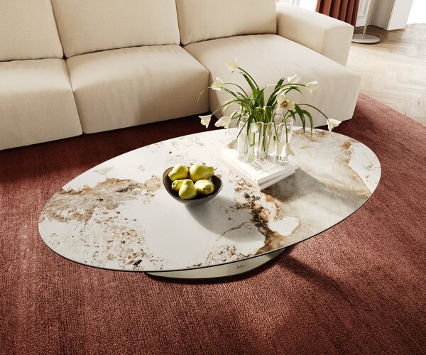 DELIFE Dohányzóasztal Edge ovális 140x80 cm kerámia Minas Melange Vibany fém titán színű effektfinish