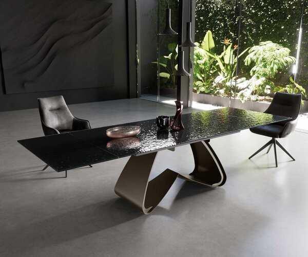 DELIFE Étkezőasztal Edge 200-300x100 domborított üveg füstfekete 3D design W láb effekt felület titán kihúzható