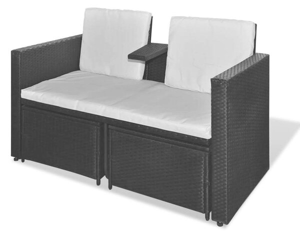 Polyrattan Kertbútor Szett - Fekete Napozóágy 2 Fotellal