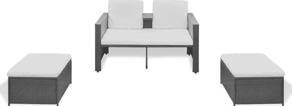 Polyrattan Kertbútor Szett - Fekete Napozóágy 2 Fotellal