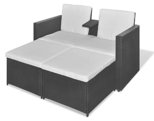 Polyrattan Kertbútor Szett - Fekete Napozóágy 2 Fotellal