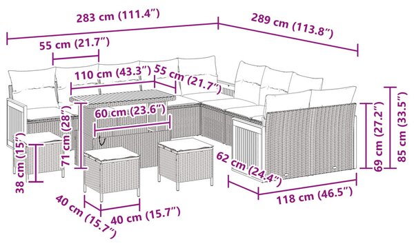 Kerti Kanapé Szett 14 pcs Fekete Poli Rattan és Porfestett Acél