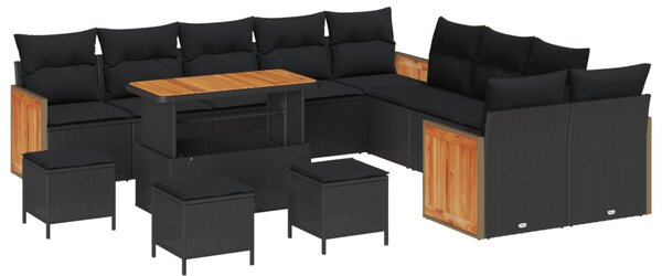 Kerti Kanapé Szett 14 pcs Fekete Poli Rattan és Porfestett Acél