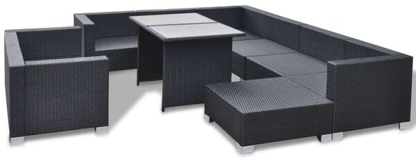 10-részes fekete polyrattan kerti bútorszett párnákkal