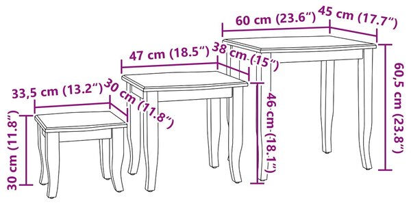 VidaXL Fészek asztalok 3 pcs Természetes Tömör Mahagóni Fa