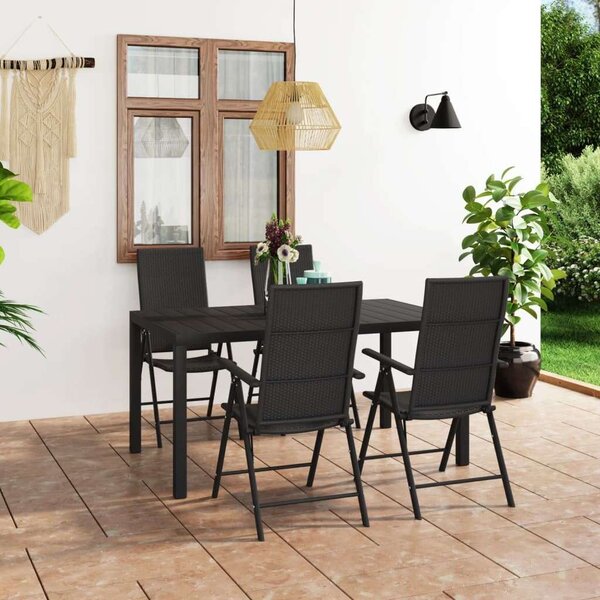 Fekete Kerti Étkezőgarnitúra - 5 részes - Polyrattan Székek - WPC Asztal