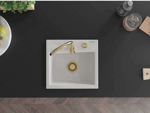 Mexen Milo gránit egytálcás mosogató 435 x 410 mm, fehér, arany szifonnal - 6505441000-20-G