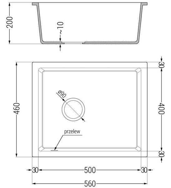 Mexen Pedro gránit mosogató 1-medencés 560 x 460 mm, fehér, arany szifon - 6508561000-20-G