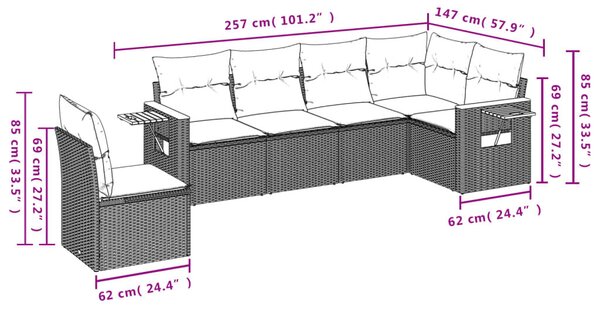 VidaXL 6 részes fekete polyrattan kerti ülőgarnitúra párnával