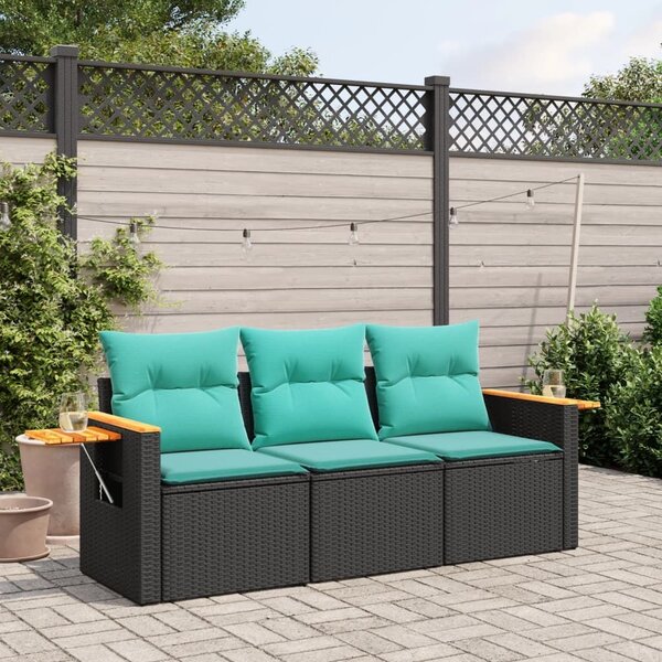 VidaXL 3 részes fekete polyrattan kerti ülőgarnitúra párnával