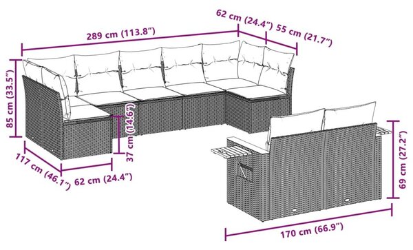 VidaXL 9 részes fekete polyrattan kerti ülőgarnitúra párnával