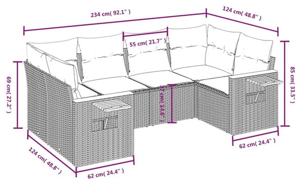 VidaXL 6 részes fekete polyrattan kerti ülőgarnitúra párnával