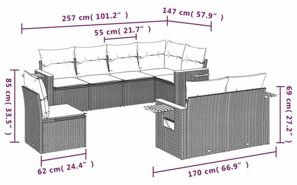 VidaXL 8 részes szürke polyrattan kerti ülőgarnitúra párnával