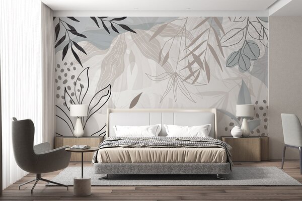 Fotótapéta Absztrakt virágos modern design pasztell bézs, szürke, kék és fekete levelekkel, finom, Fotótapéta modern, w09105 : Uwalls.hu