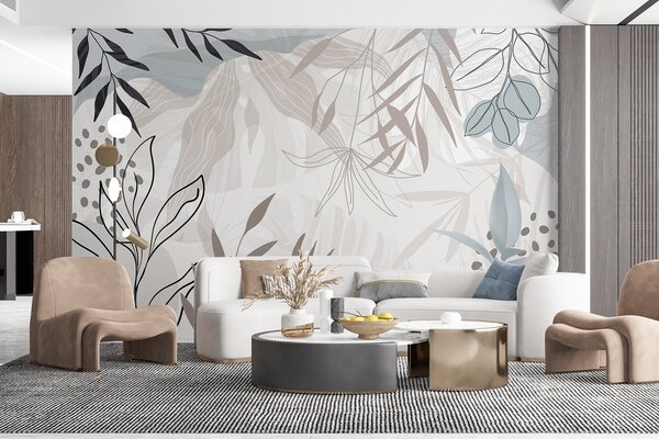 Fotótapéta Absztrakt virágos modern design pasztell bézs, szürke, kék és fekete levelekkel, finom, Fotótapéta modern, w09105 : Uwalls.hu