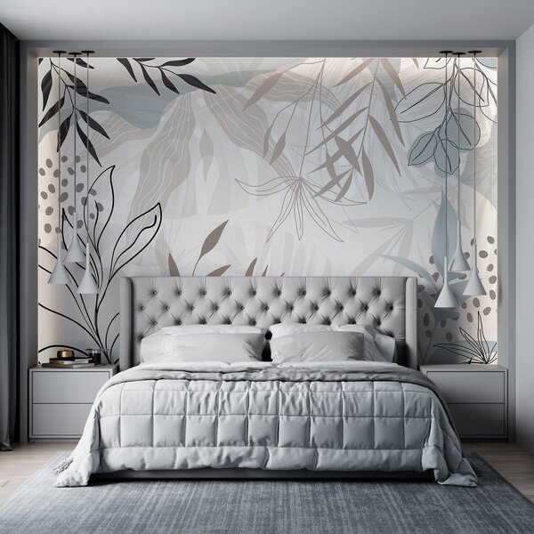 Fotótapéta Absztrakt virágos modern design pasztell bézs, szürke, kék és fekete levelekkel, finom, Fotótapéta modern, w09105 : Uwalls.hu