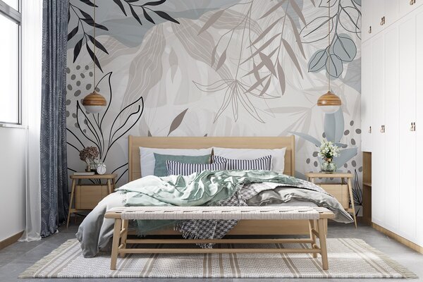 Fotótapéta Absztrakt virágos modern design pasztell bézs, szürke, kék és fekete levelekkel, finom, Fotótapéta modern, w09105 : Uwalls.hu