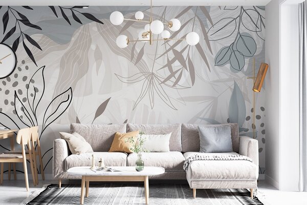 Fotótapéta Absztrakt virágos modern design pasztell bézs, szürke, kék és fekete levelekkel, finom, Fotótapéta modern, w09105 : Uwalls.hu