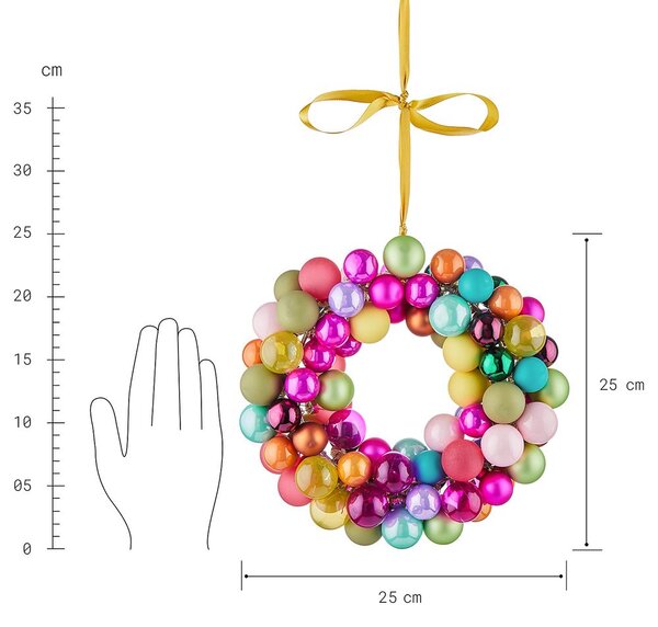 X-MAS üveggömb koszorú, színes Ø25cm