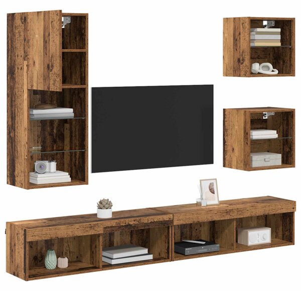TV Fali Egységek LED-del LED -es lámpákkal 5 pcs Öreg fa Faanyag