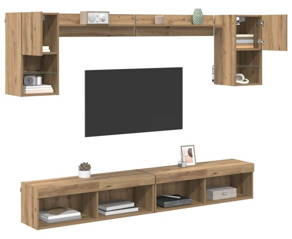 TV Fali Egységek LED-del 6 db Artisan tölgy Szerelt Fa