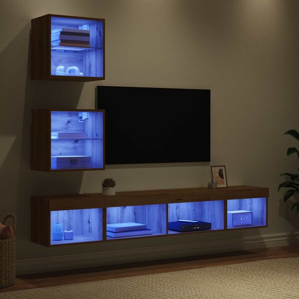 TV Fali Egységek LED-del leddel 5 pcs Artisan tölgy Faanyag