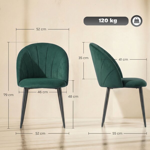HOMCOM Set 2 Scaune de Sufragerie Tapițate cu Spătar în Formă de Scoică din Catifea, 52x55x79 cm, Verde Închis