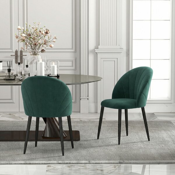 HOMCOM Set 2 Scaune de Sufragerie Tapițate cu Spătar în Formă de Scoică din Catifea, 52x55x79 cm, Verde Închis