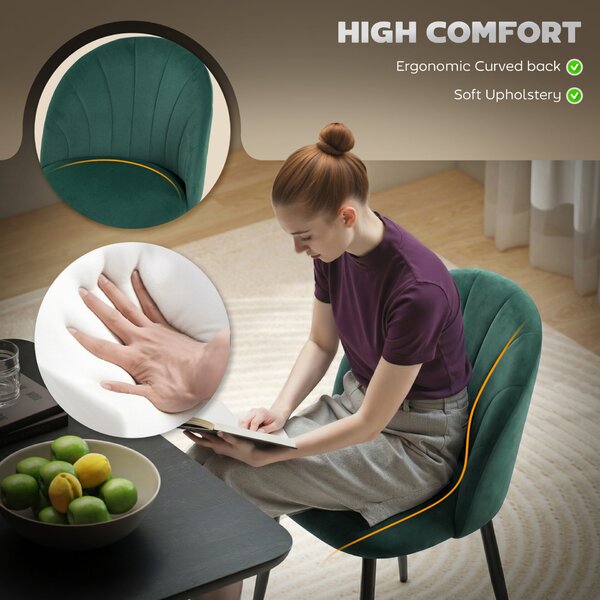 HOMCOM Set 2 Scaune de Sufragerie Tapițate cu Spătar în Formă de Scoică din Catifea, 52x55x79 cm, Verde Închis
