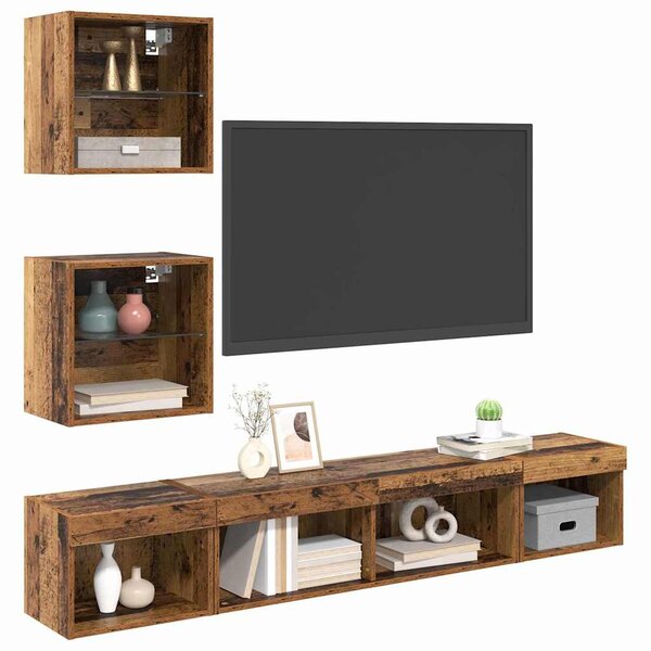 TV Fali Egységek LED-del 5 pcs Régi fa 100 x 30 x 30 cm Faanyag