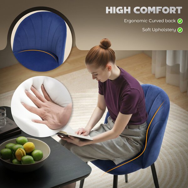 HOMCOM Set 2 Scaune de Dining Tapițate cu Spătar Tip Scoică, din Catifea, 52x55x79 cm, Albastru