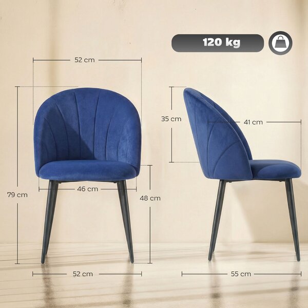 HOMCOM Set 2 Scaune de Dining Tapițate cu Spătar Tip Scoică, din Catifea, 52x55x79 cm, Albastru