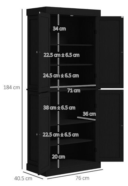 HOMCOM Magas Konyhaszekrény 6 Állítható Polccal és 4 Fa Ajtóval, 76x40.5x184 cm, Fekete