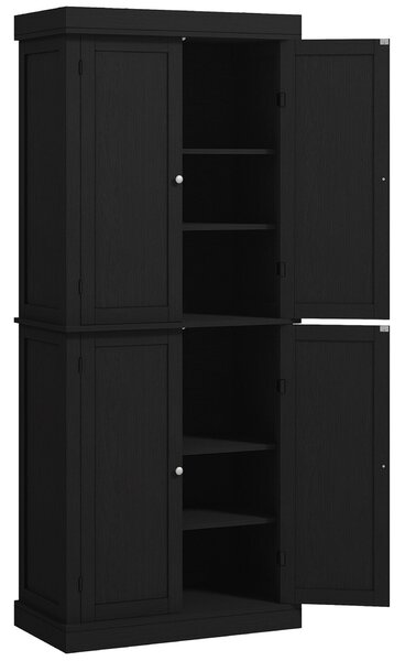 HOMCOM Magas Konyhaszekrény 6 Állítható Polccal és 4 Fa Ajtóval, 76x40.5x184 cm, Fekete