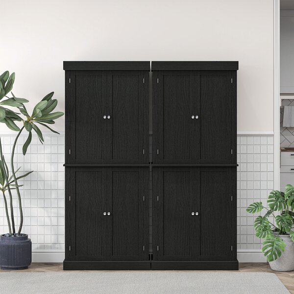 HOMCOM Magas Konyhaszekrény 6 Állítható Polccal és 4 Fa Ajtóval, 76x40.5x184 cm, Fekete