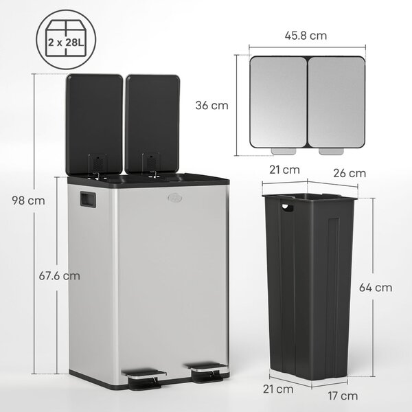 HOMCOM 2x20L-es Dupla Pedálos Kuka, Csendesen Záródó Fedéllel, 45,8x36x51,6 cm, Ezüst