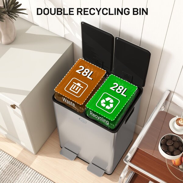 HOMCOM 2x20L-es Dupla Pedálos Kuka, Csendesen Záródó Fedéllel, 45,8x36x51,6 cm, Ezüst