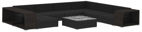 VidaXL 10-részes fekete polyrattan kerti bútorszett párnákkal