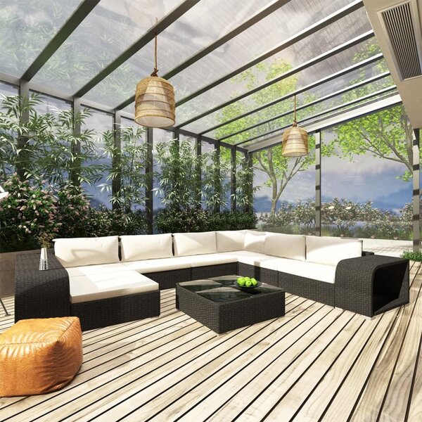 VidaXL 10-részes fekete polyrattan kerti bútorszett párnákkal