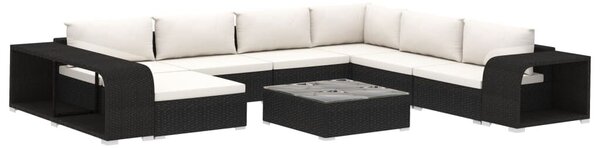 VidaXL 10-részes fekete polyrattan kerti bútorszett párnákkal