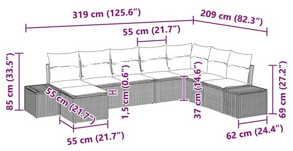 VidaXL Kerti Kanapé Szett párnával 8 pcs polirattan