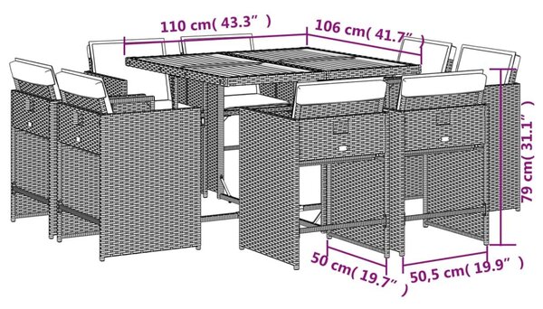 VidaXL 9 részes bézs polyrattan kerti étkezőgarnitúra párnákkal