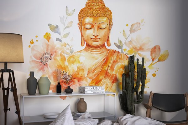 Fotótapéta Akvarell Buddha virágokkal, spirituális, narancssárga színpaletta , Fotótapéta akvarell, w04005 : Uwalls.hu