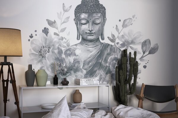 Fotótapéta Akvarell Buddha virágokkal, spirituális, szürke színpaletta , Fotótapéta virágok és növények, w04005v1 : Uwalls.hu
