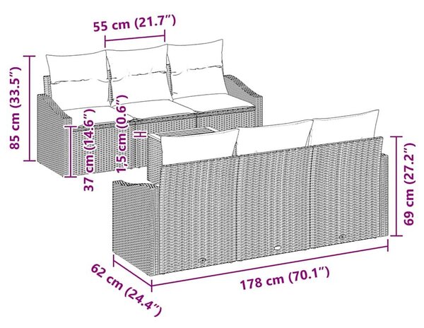 VidaXL Kerti Kanapé Szett párnával 7 pcs Fekete polirattan