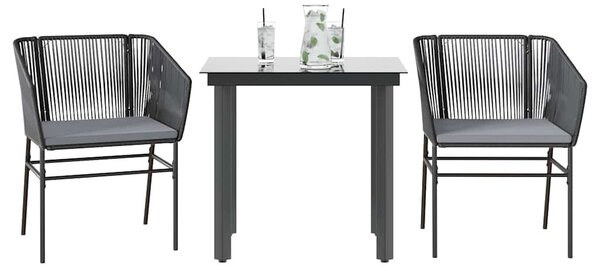 VidaXL 3 részes fekete polyrattan üveg kerti étkezőgarnitúra párnákkal